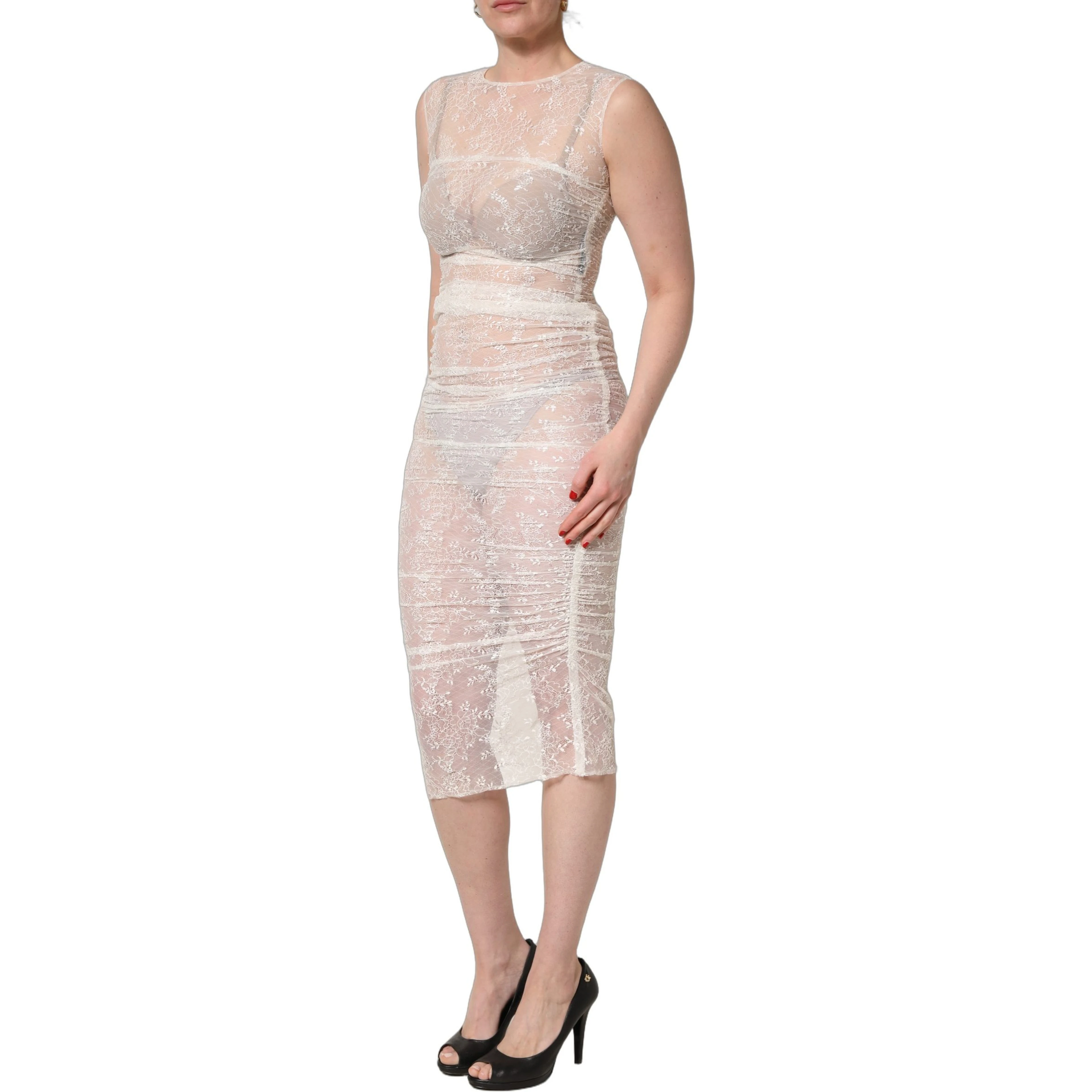 White Floral Lace Sheer Sleeveless Midi Dress