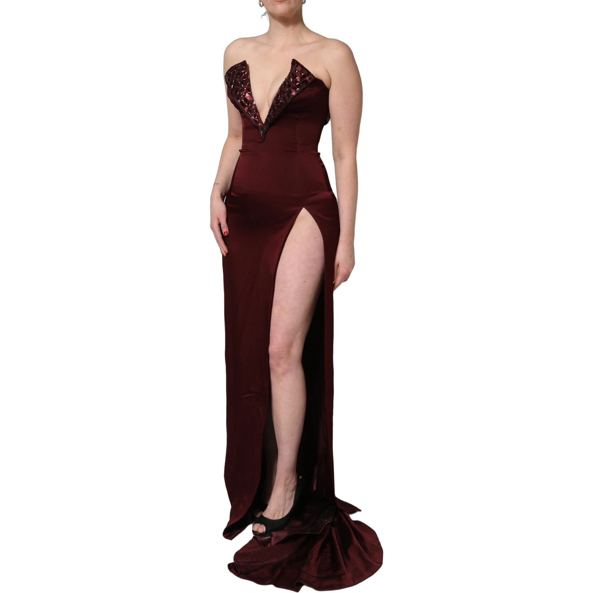 Maroon Embellished Vneck Evening Gown Dress