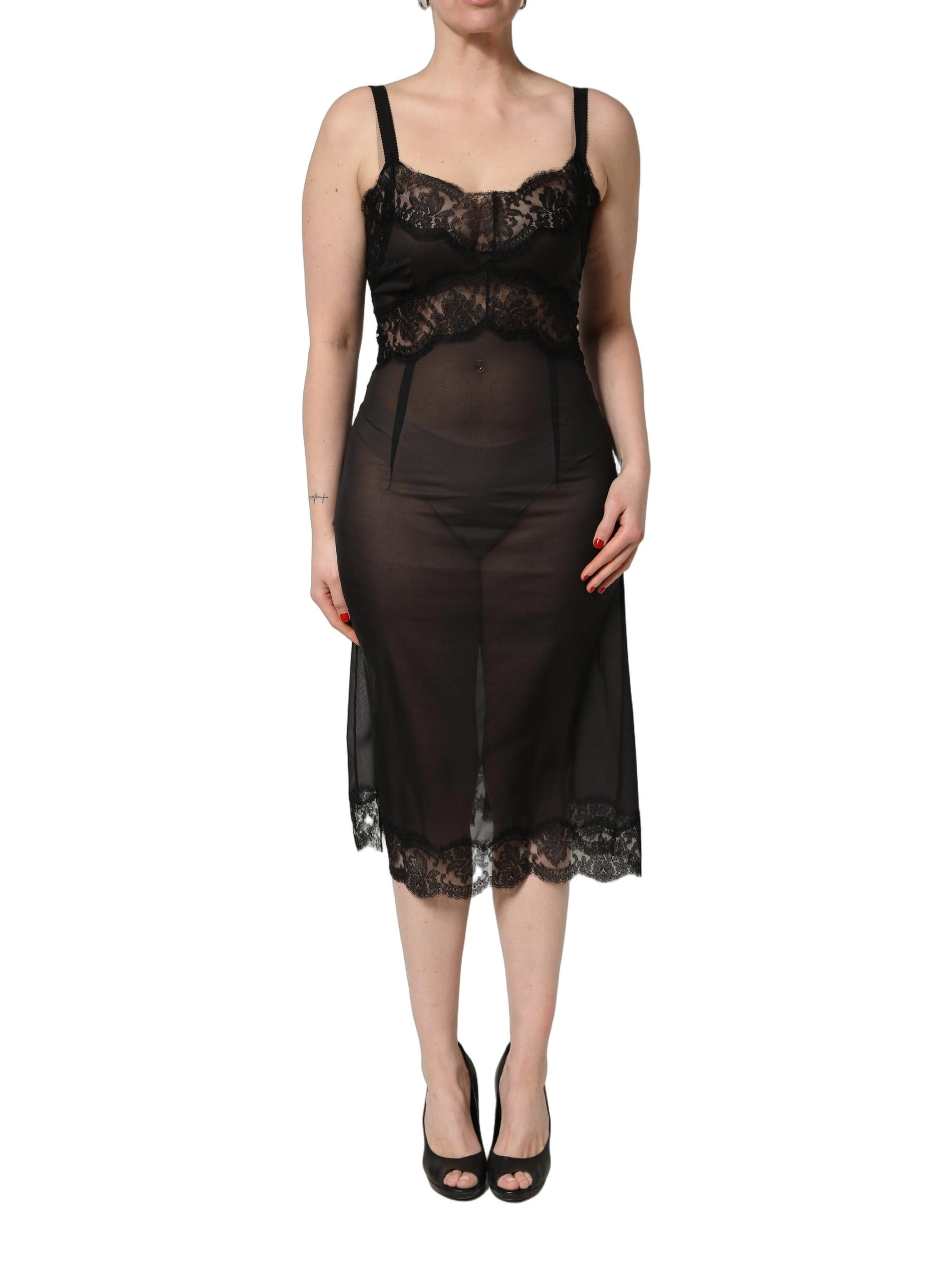 Black Silk Lace Slip Lingerie Chemise Sleepwear