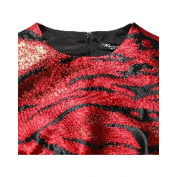 Red Black Tiger Print Jacquard Flared Dress