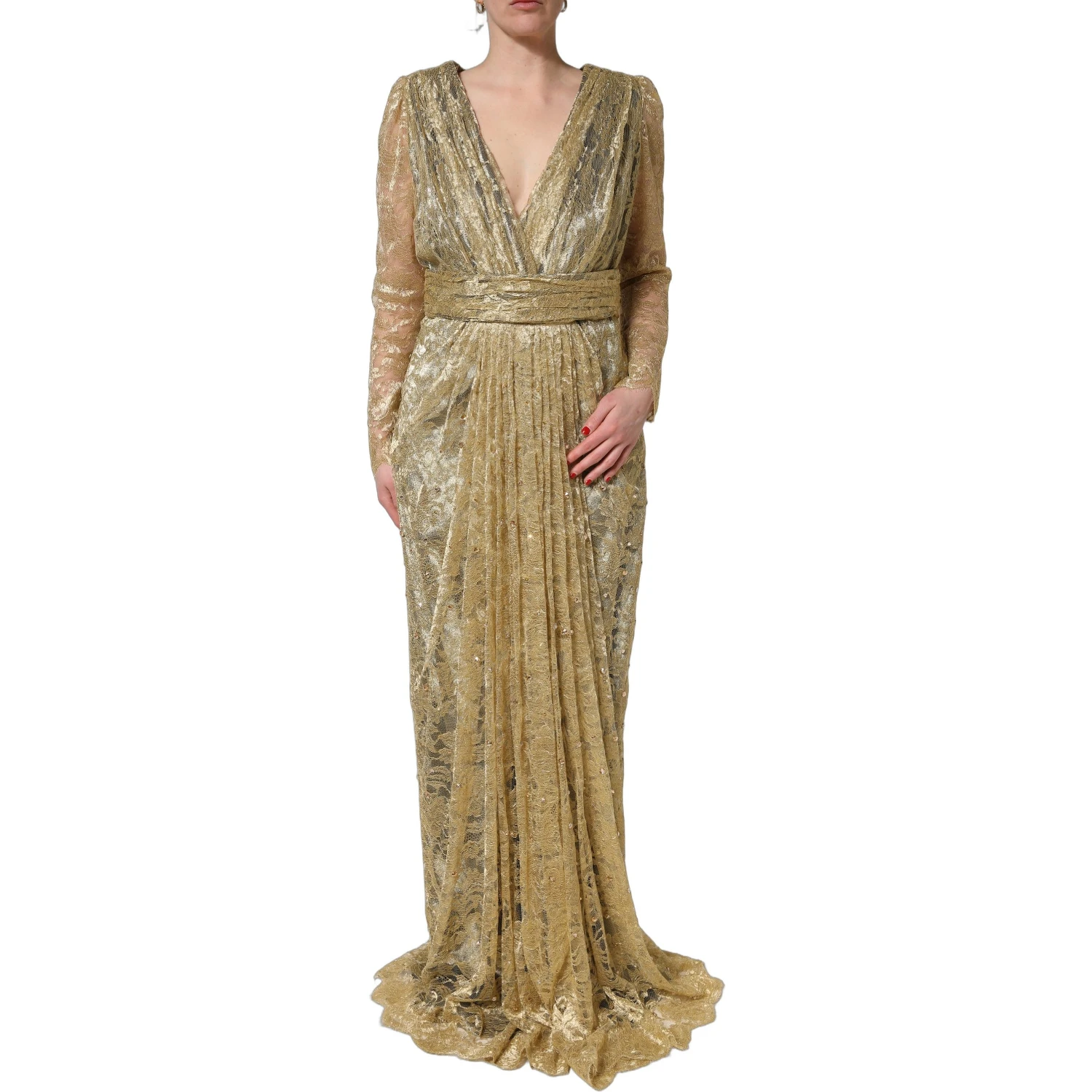 Gold Sheer Lace Crystal Embellished Dress