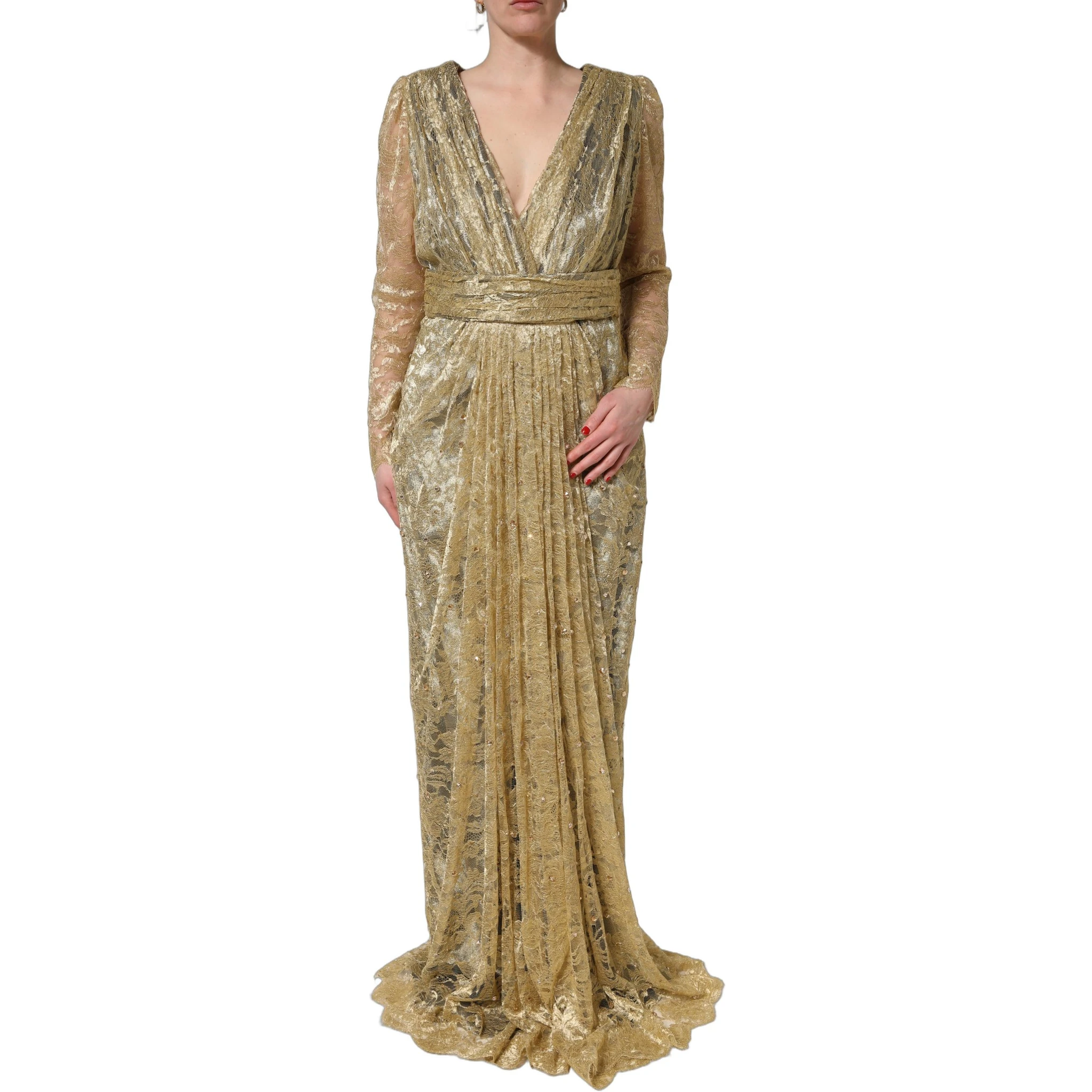 Gold Sheer Lace Crystal Embellished Dress
