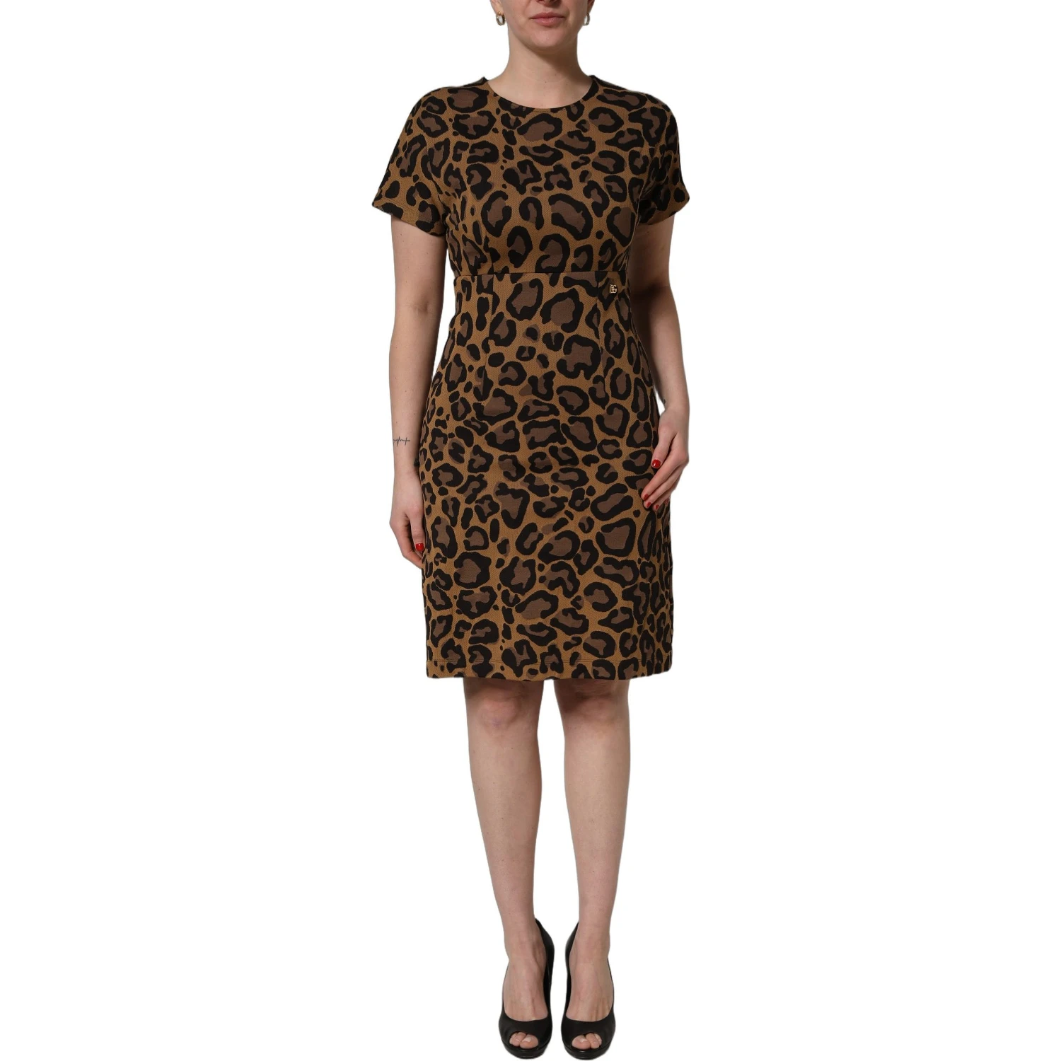 Brown Leopard Jacquard Knee Length Dress