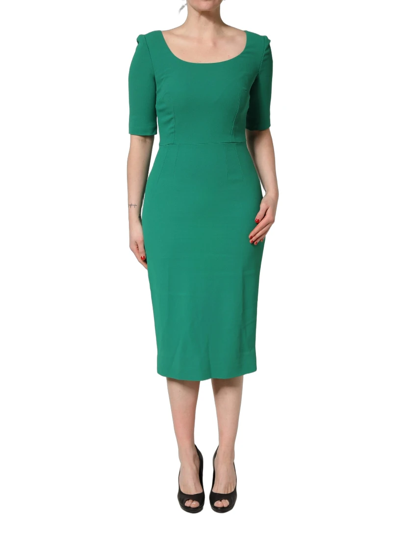 Green Short Sleeve Pencil Sheath Midi Dress