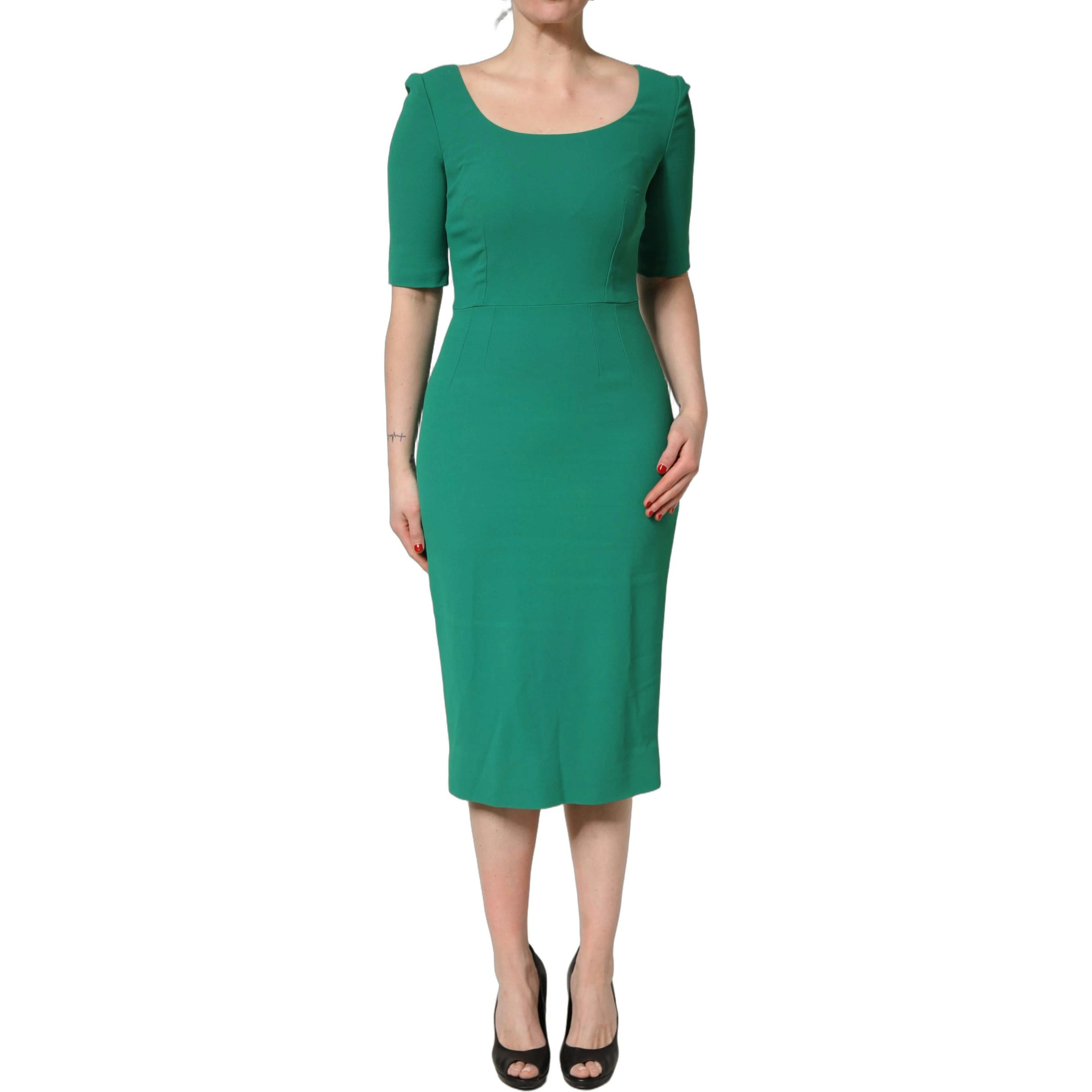 Green Short Sleeve Pencil Sheath Midi Dress