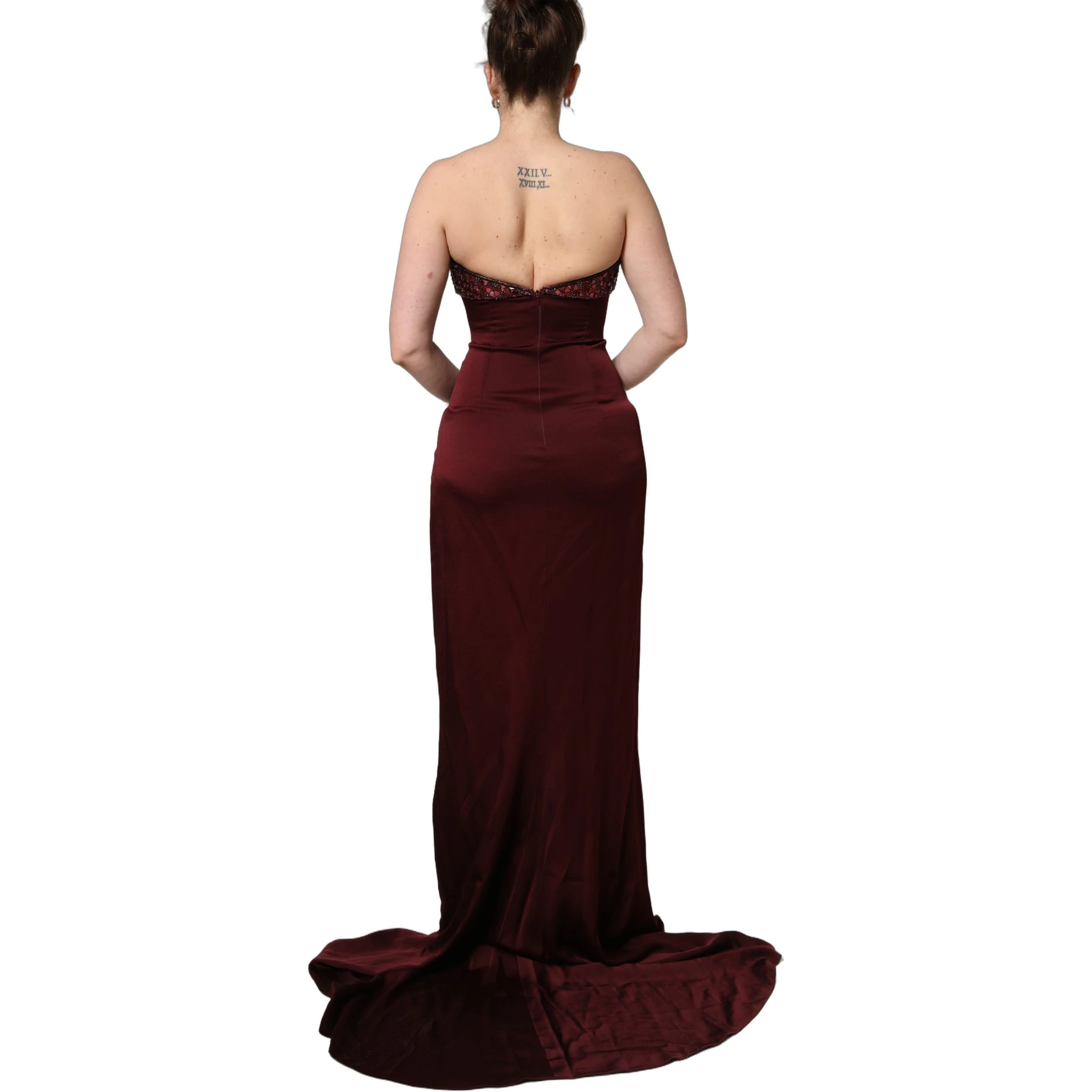 Maroon Embellished Vneck Evening Gown Dress