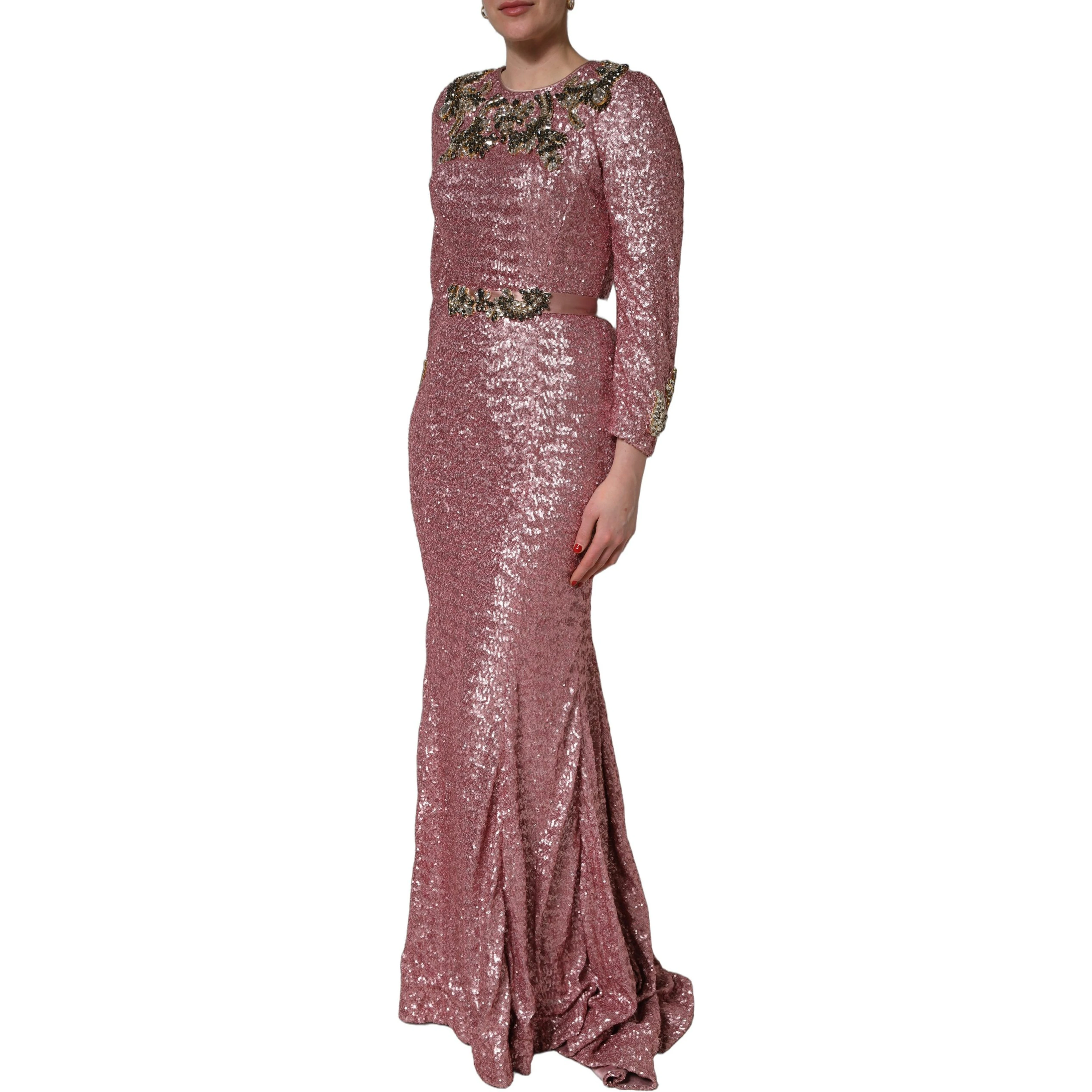 Pink Embellished Sequined Evening Gown Dress