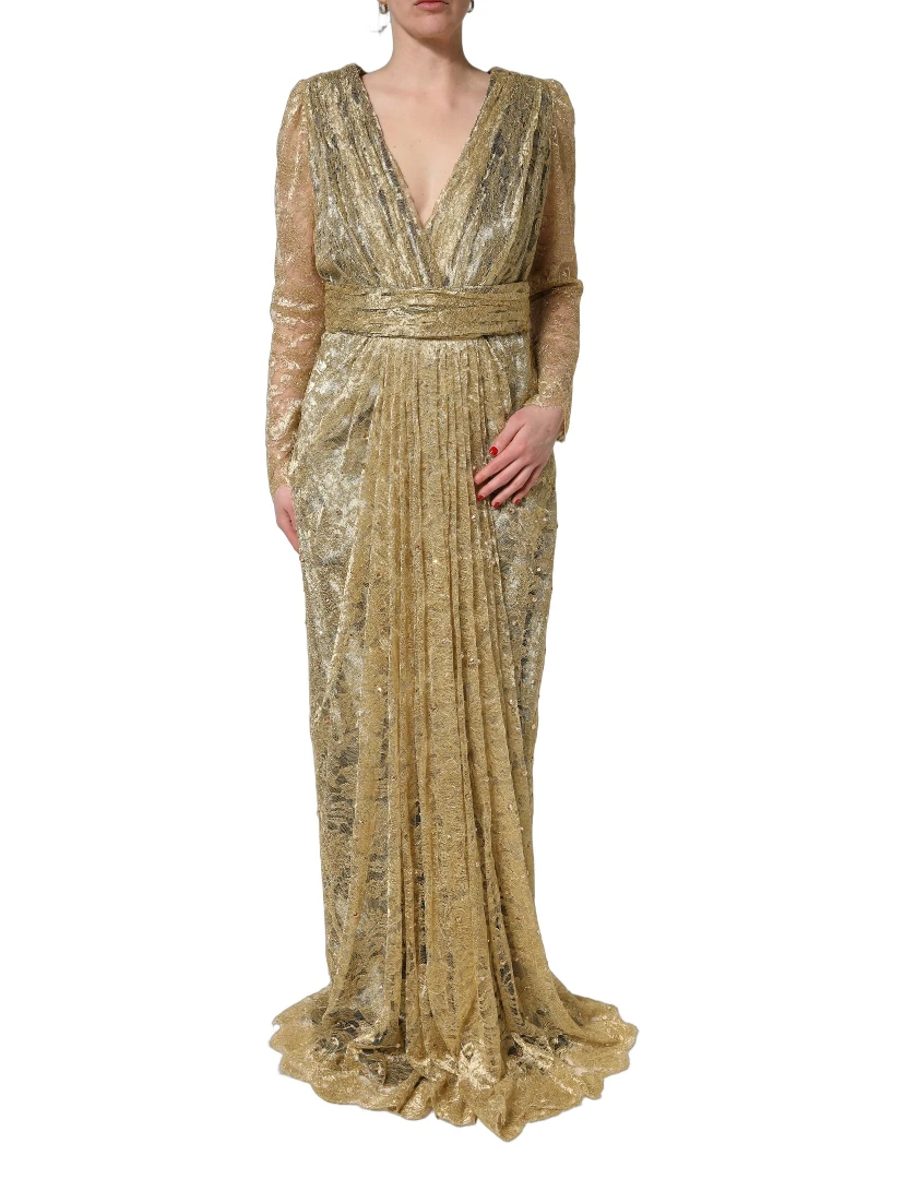 Gold Sheer Lace Crystal Embellished Dress