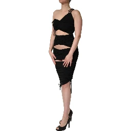 Black Jersey Calf Length Cut-Out Ruched Dress