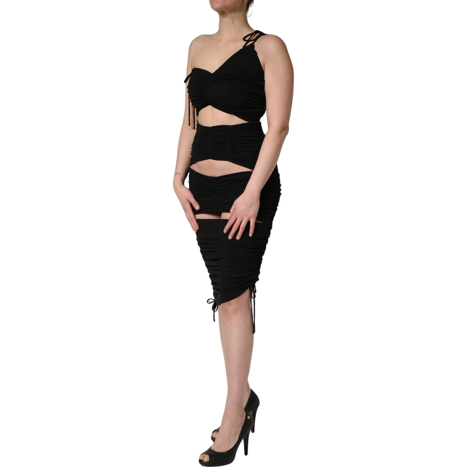 Black Jersey Calf Length Cut-Out Ruched Dress