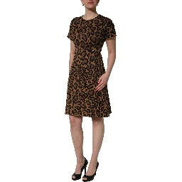 Brown Leopard Jacquard Knee Length Dress