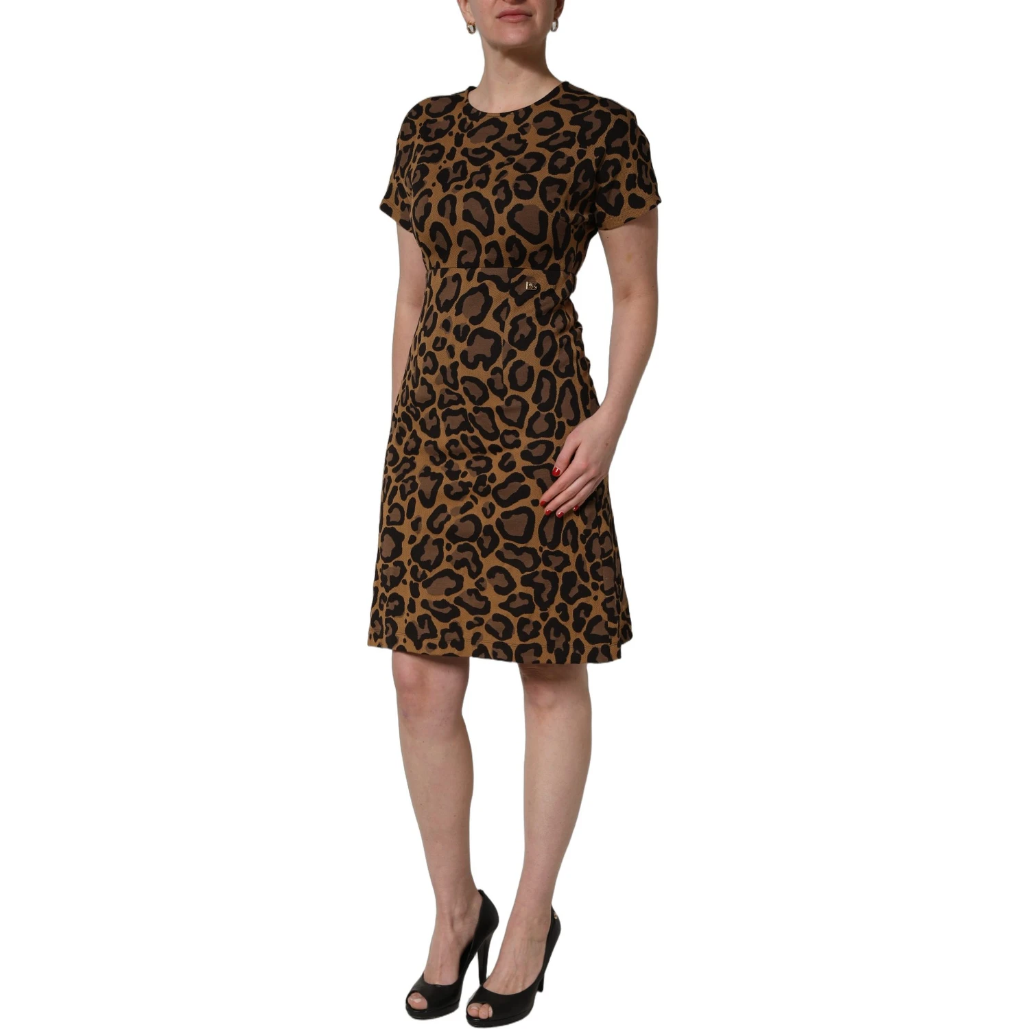Brown Leopard Jacquard Knee Length Dress