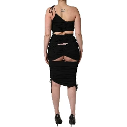 Black Jersey Calf Length Cut-Out Ruched Dress