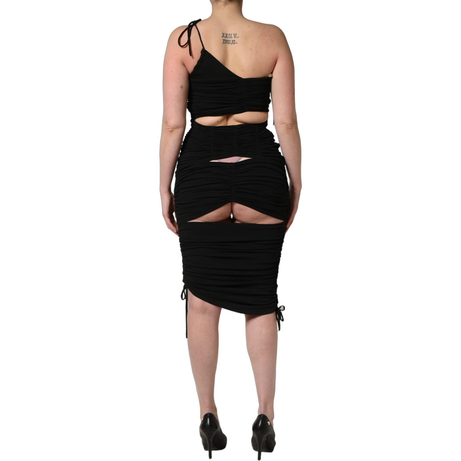 Black Jersey Calf Length Cut-Out Ruched Dress