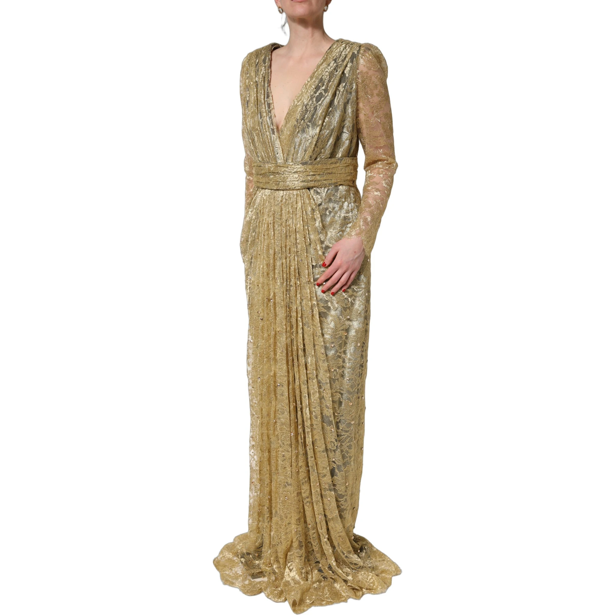 Gold Sheer Lace Crystal Embellished Dress