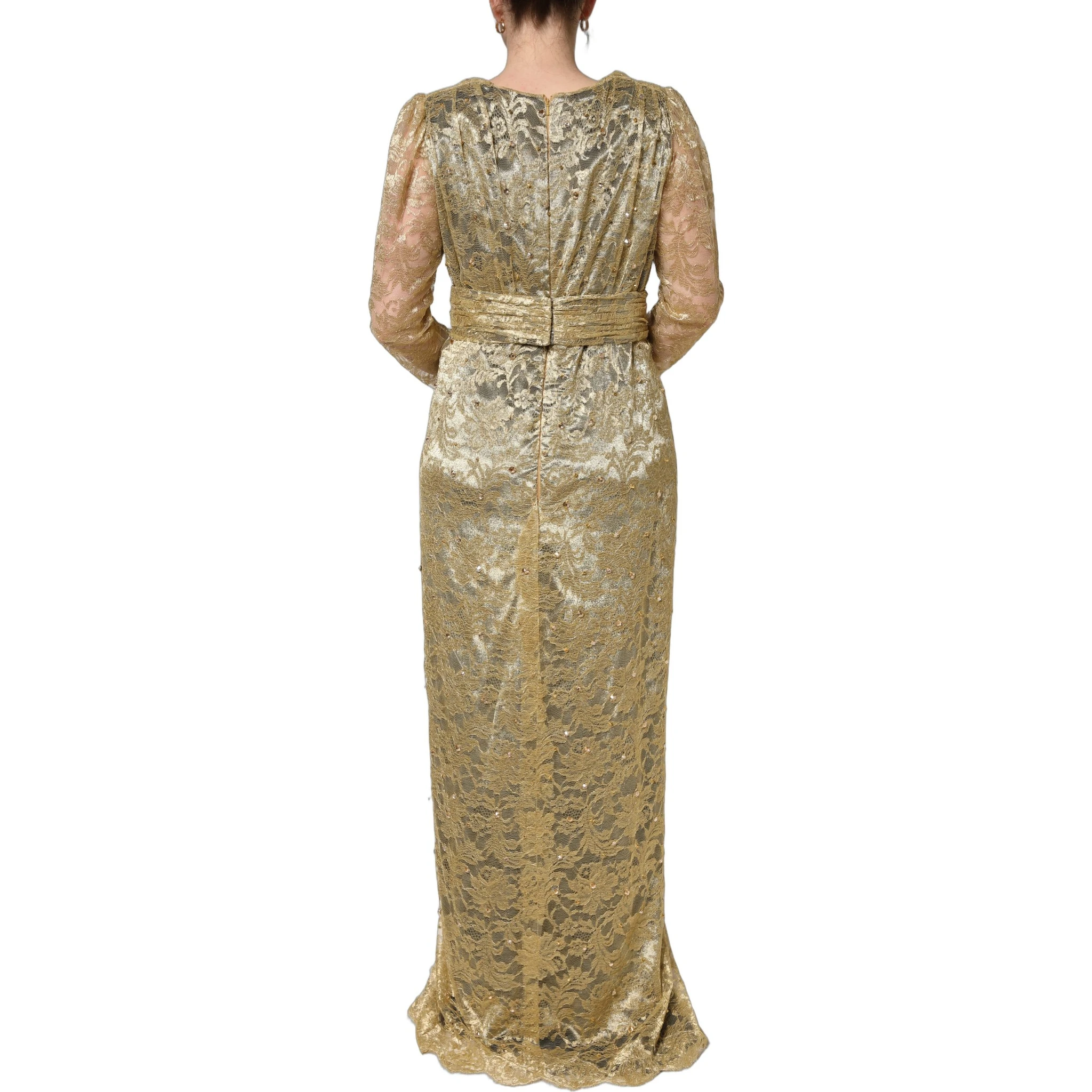 Gold Sheer Lace Crystal Embellished Dress