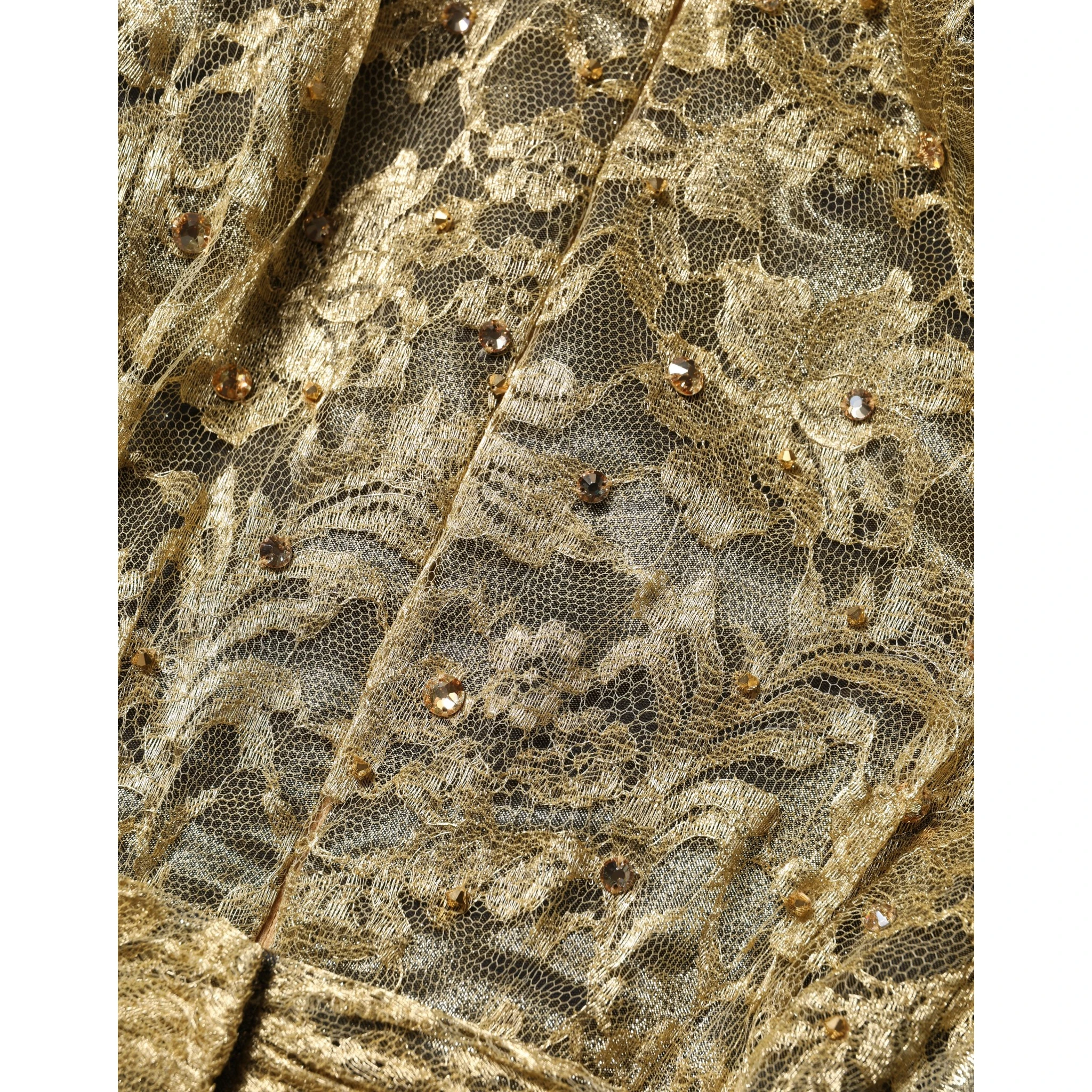 Gold Sheer Lace Crystal Embellished Dress