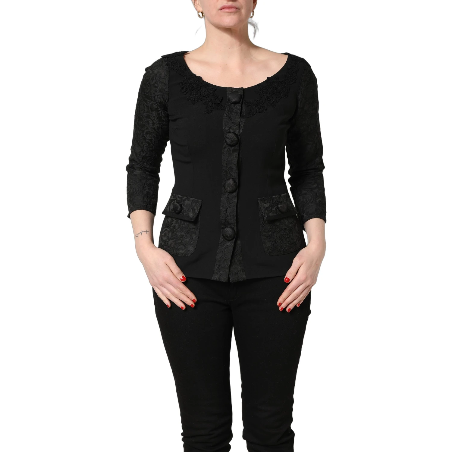 Black Button Fastening Lace Trimmed Blazer Jacket