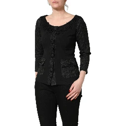 Black Button Fastening Lace Trimmed Blazer Jacket