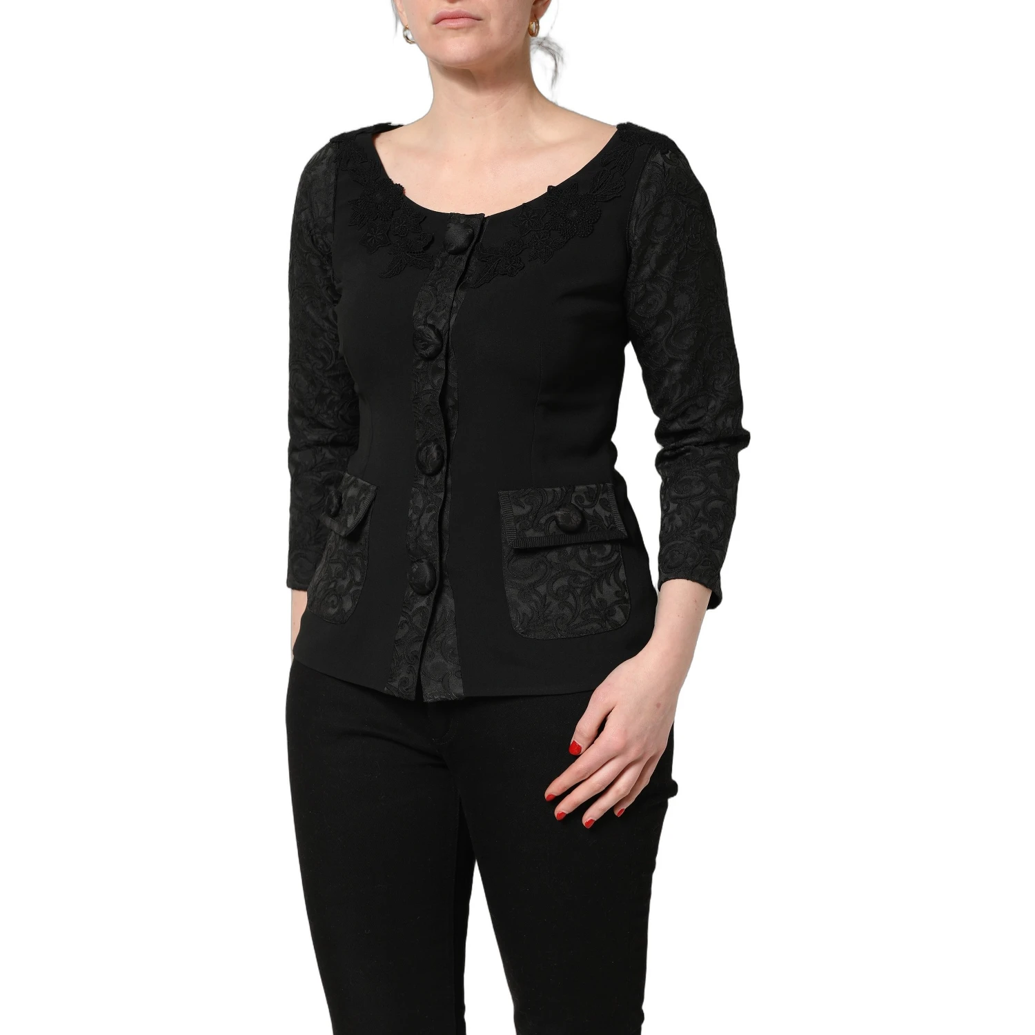 Black Button Fastening Lace Trimmed Blazer Jacket