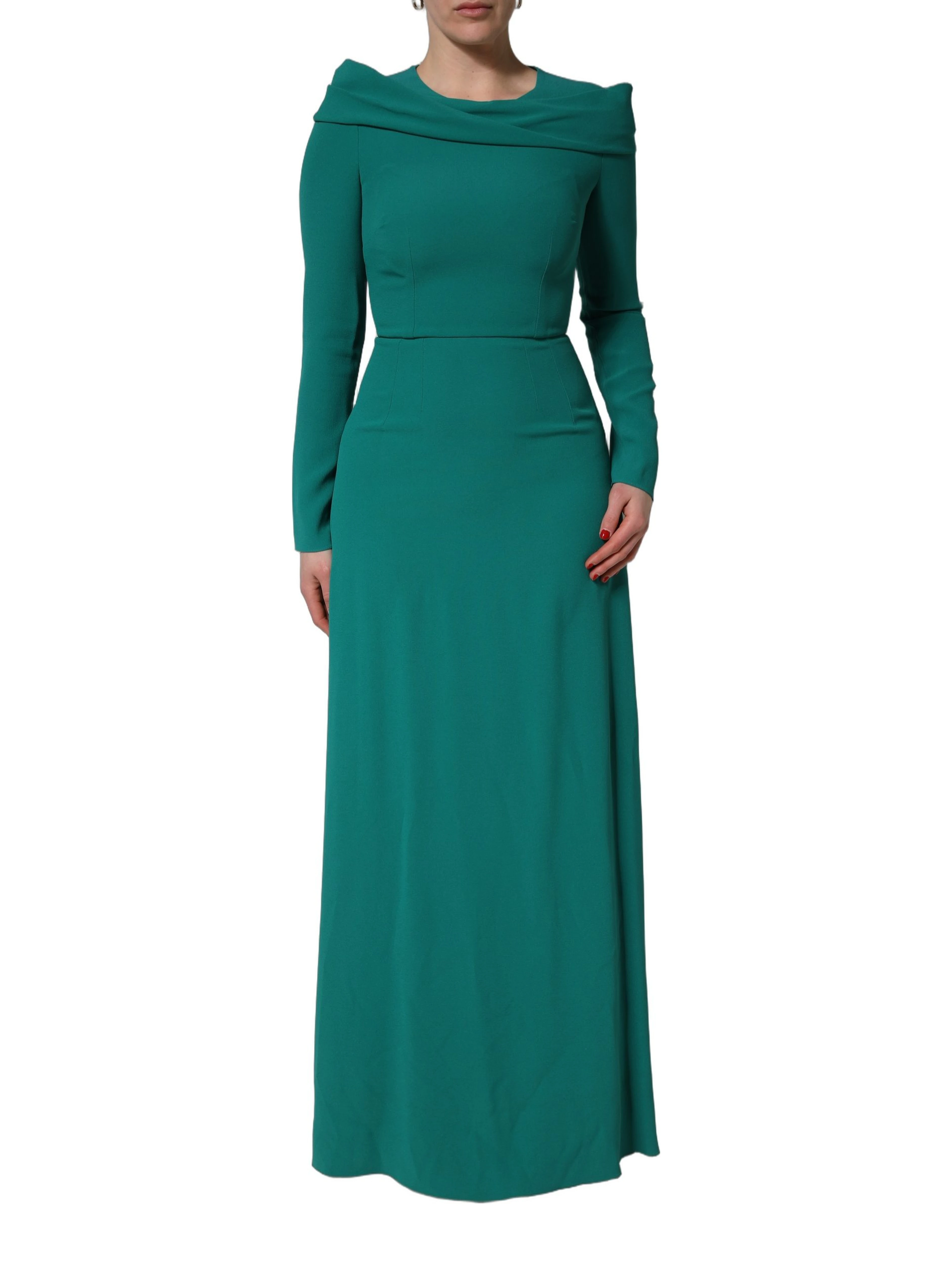 Green Round Neck Long Sleeves Gown Dress