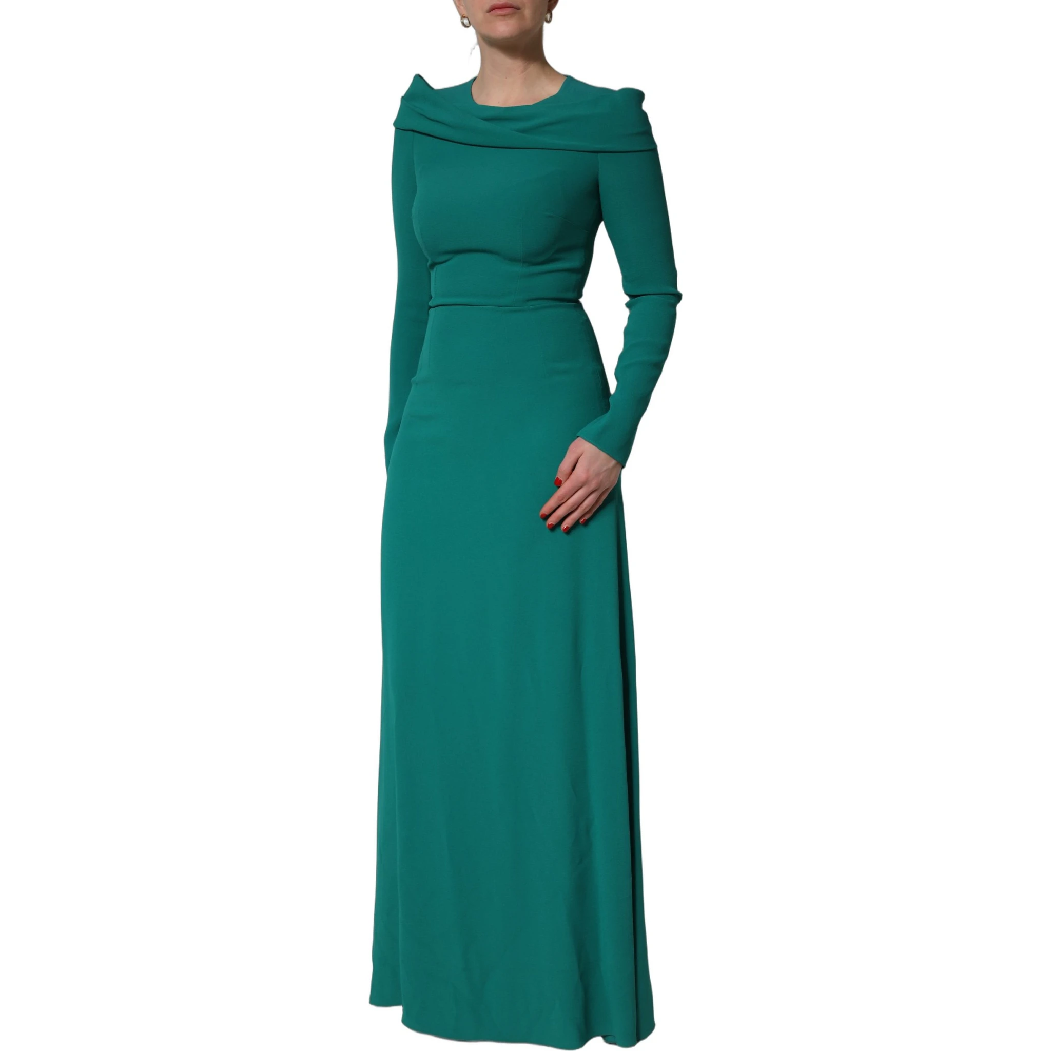 Green Round Neck Long Sleeves Gown Dress
