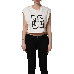 White Cotton DG Logo Print Cropped Jersey Top