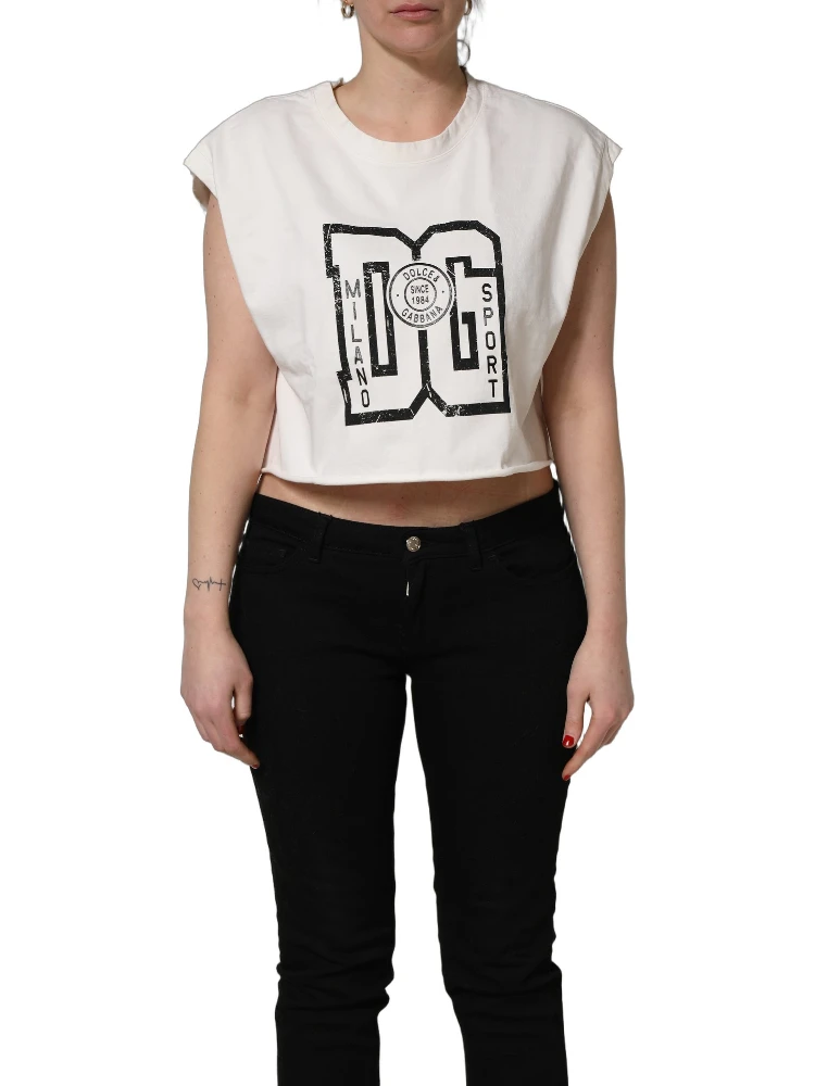 White Cotton DG Logo Print Cropped Jersey Top