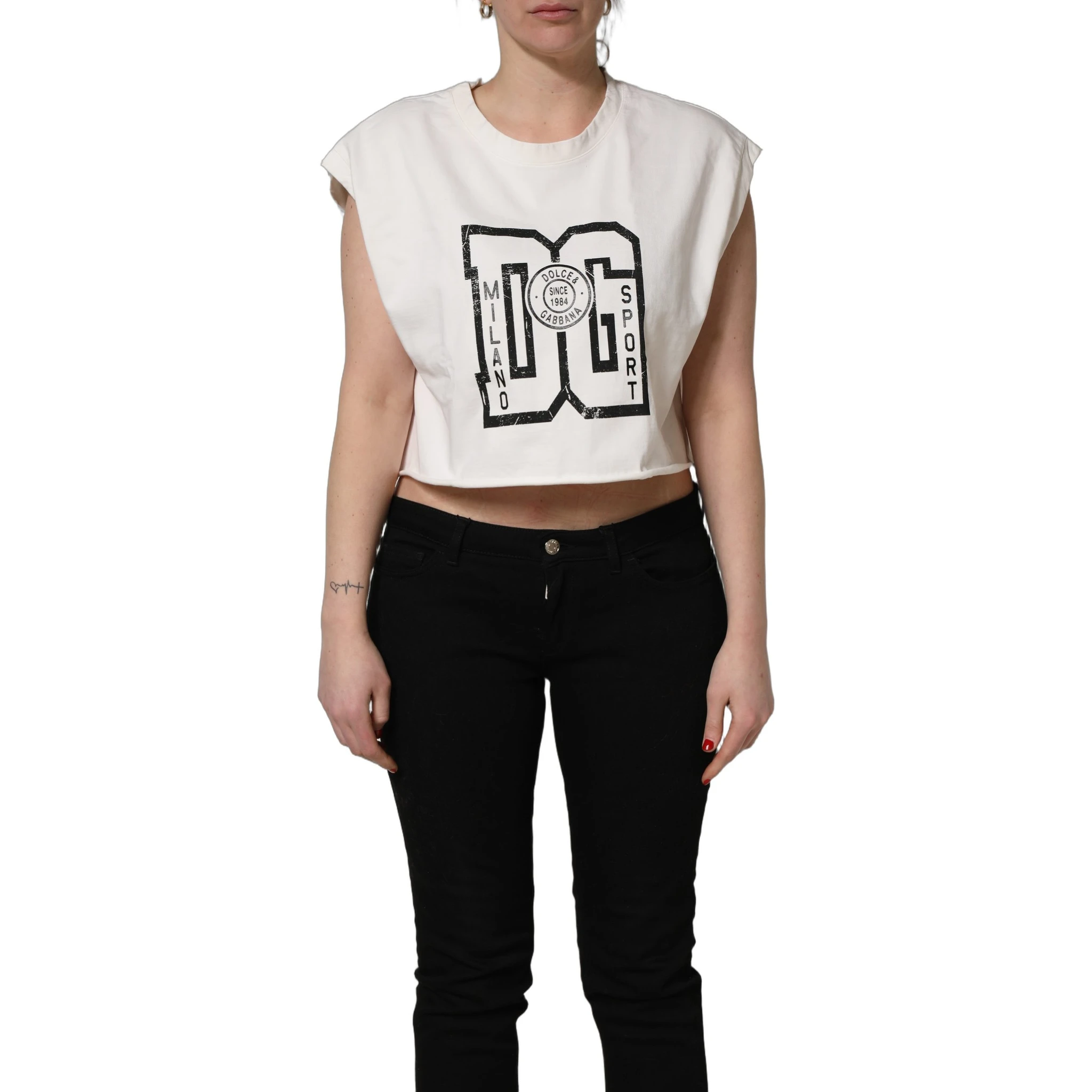 White Cotton DG Logo Print Cropped Jersey Top