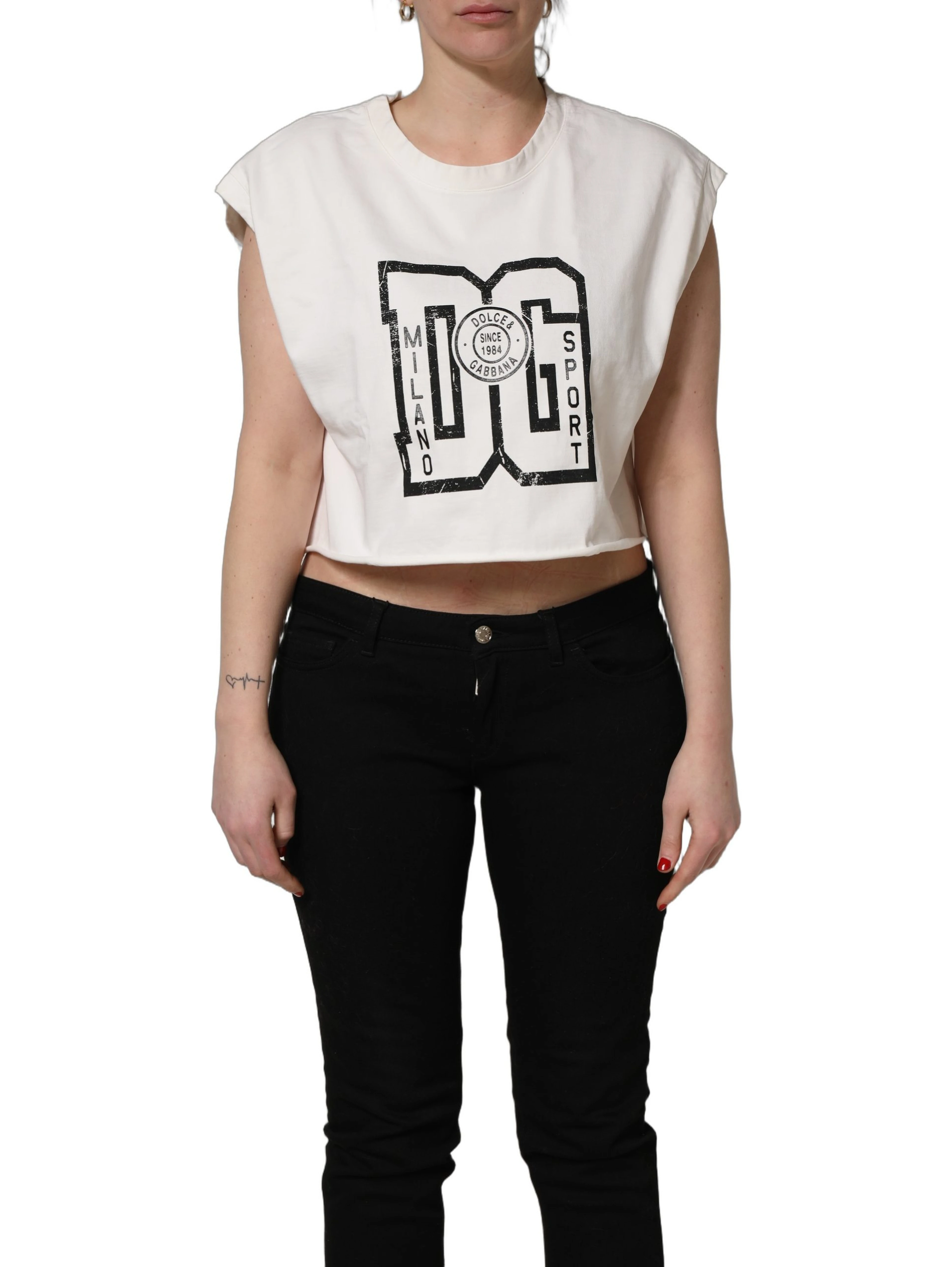 White Cotton DG Logo Print Cropped Jersey Top