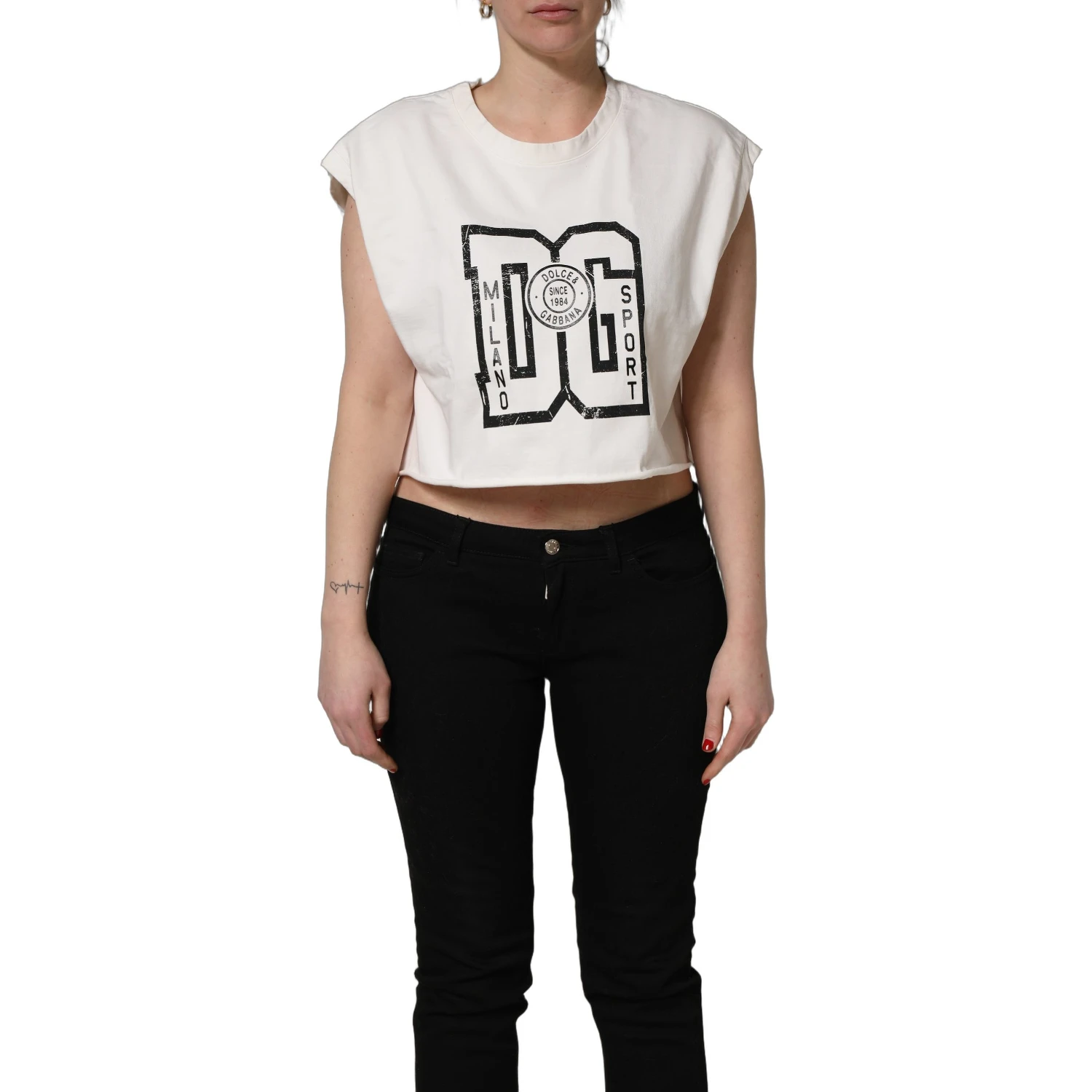 White Cotton DG Logo Print Cropped Jersey Top