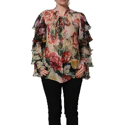 Multicolor Floral Tie-Neck Silk Chiffon Blouse Top