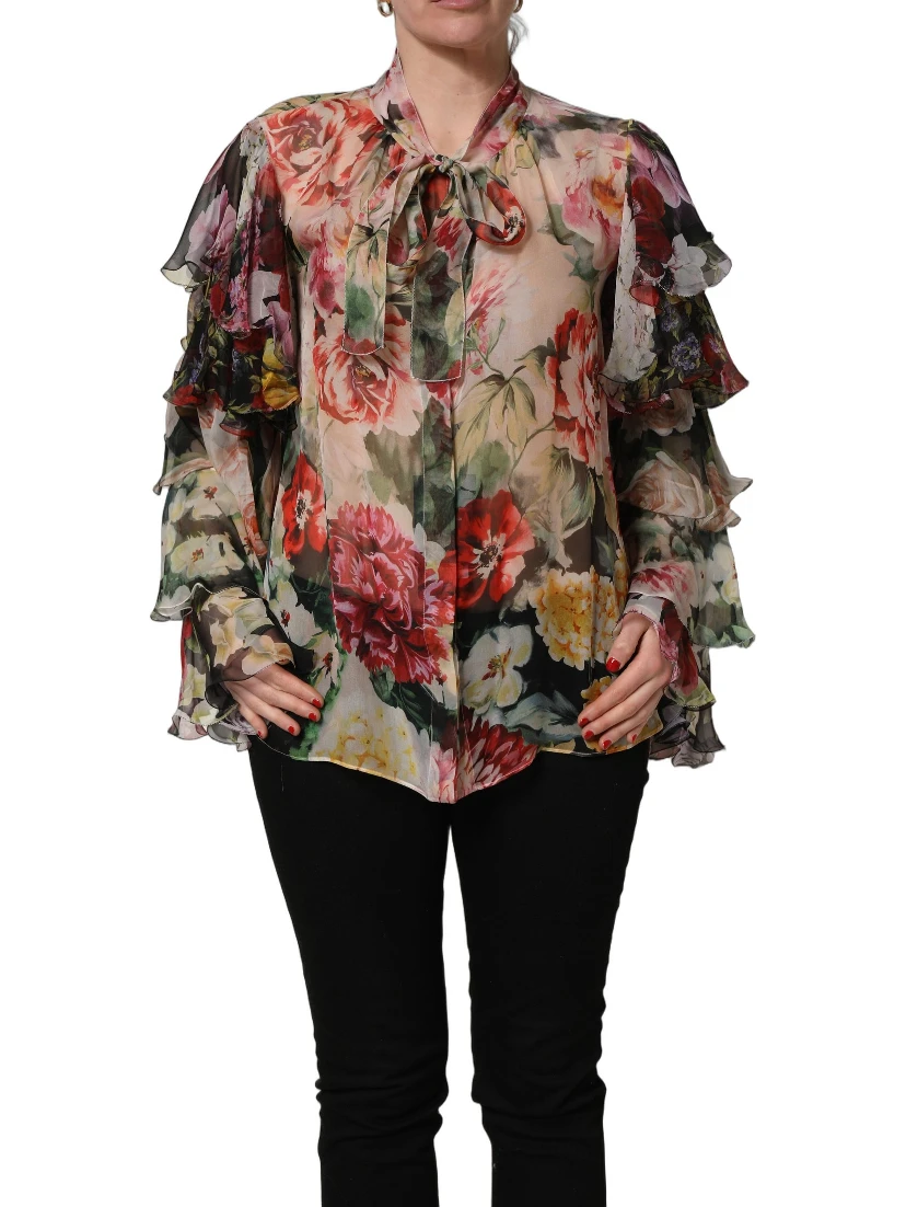 Multicolor Floral Tie-Neck Silk Chiffon Blouse Top