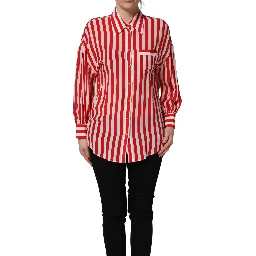 Red White Striped Long Sleeve Silk Blouse Top