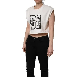 White Cotton DG Logo Print Cropped Jersey Top