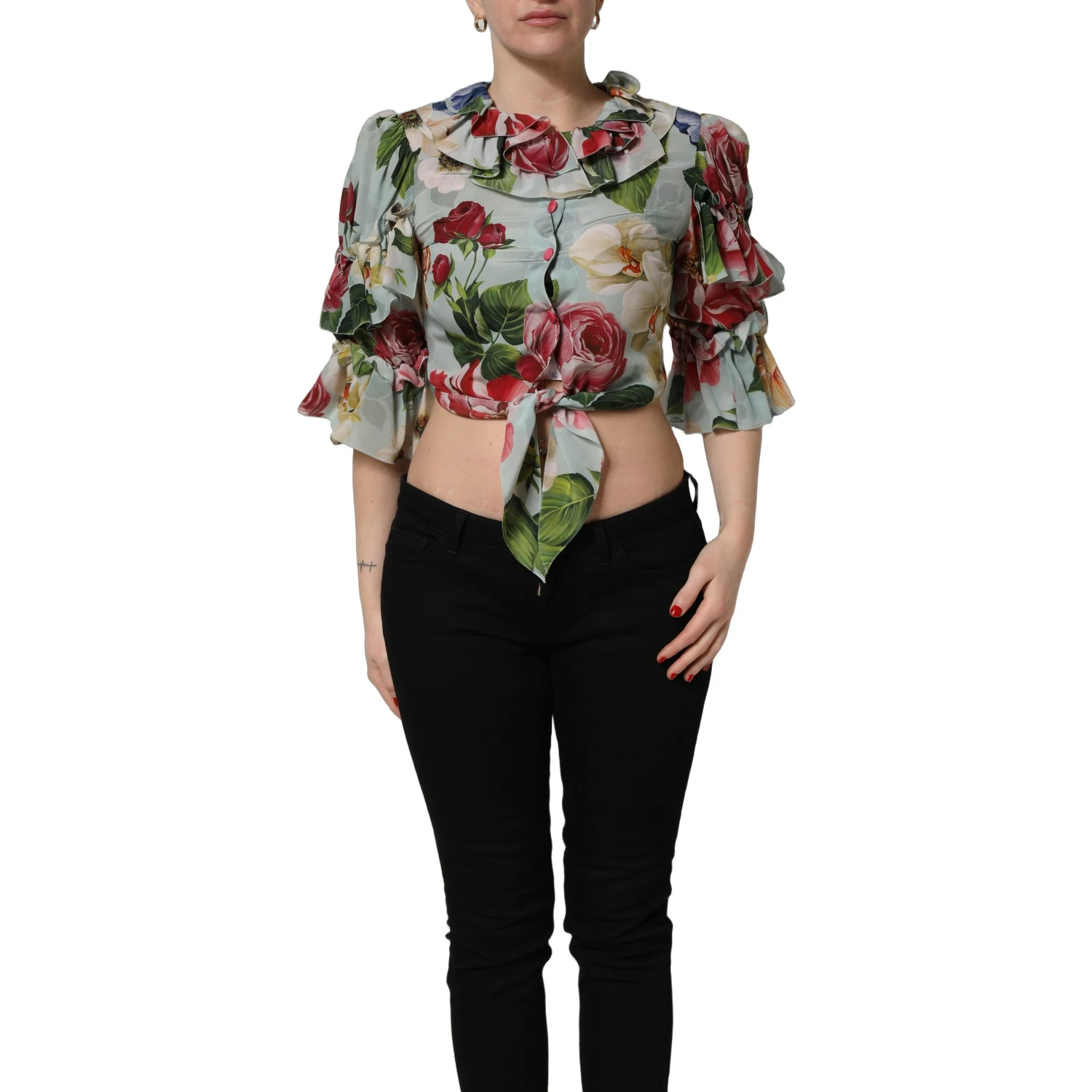 Multicolor Floral Silk Cropped Shirt Top