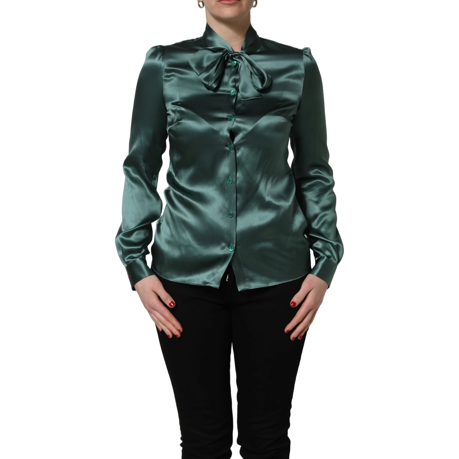 Dark Green Silk Satin Blouse Neck Tie Top
