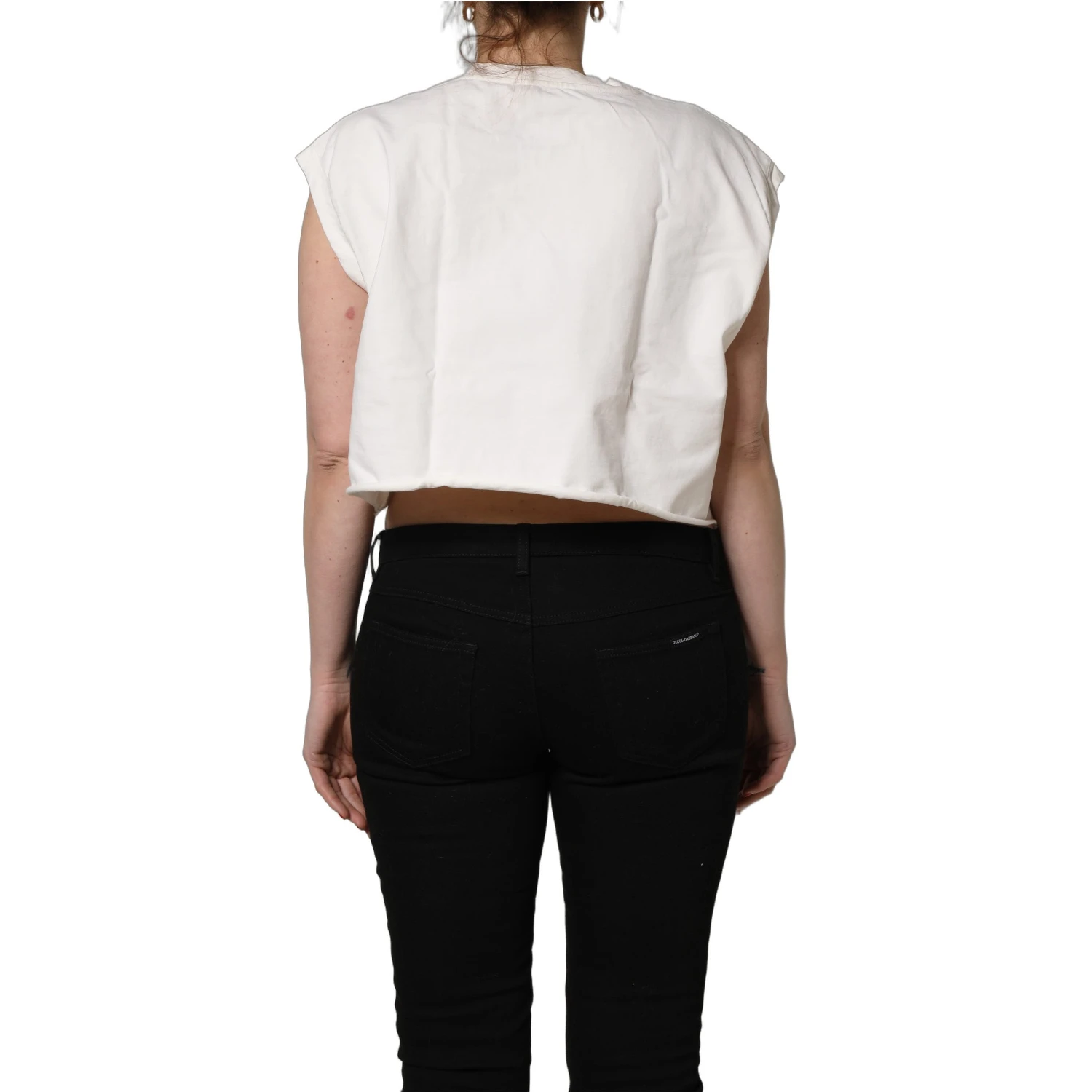 White Cotton DG Logo Print Cropped Jersey Top