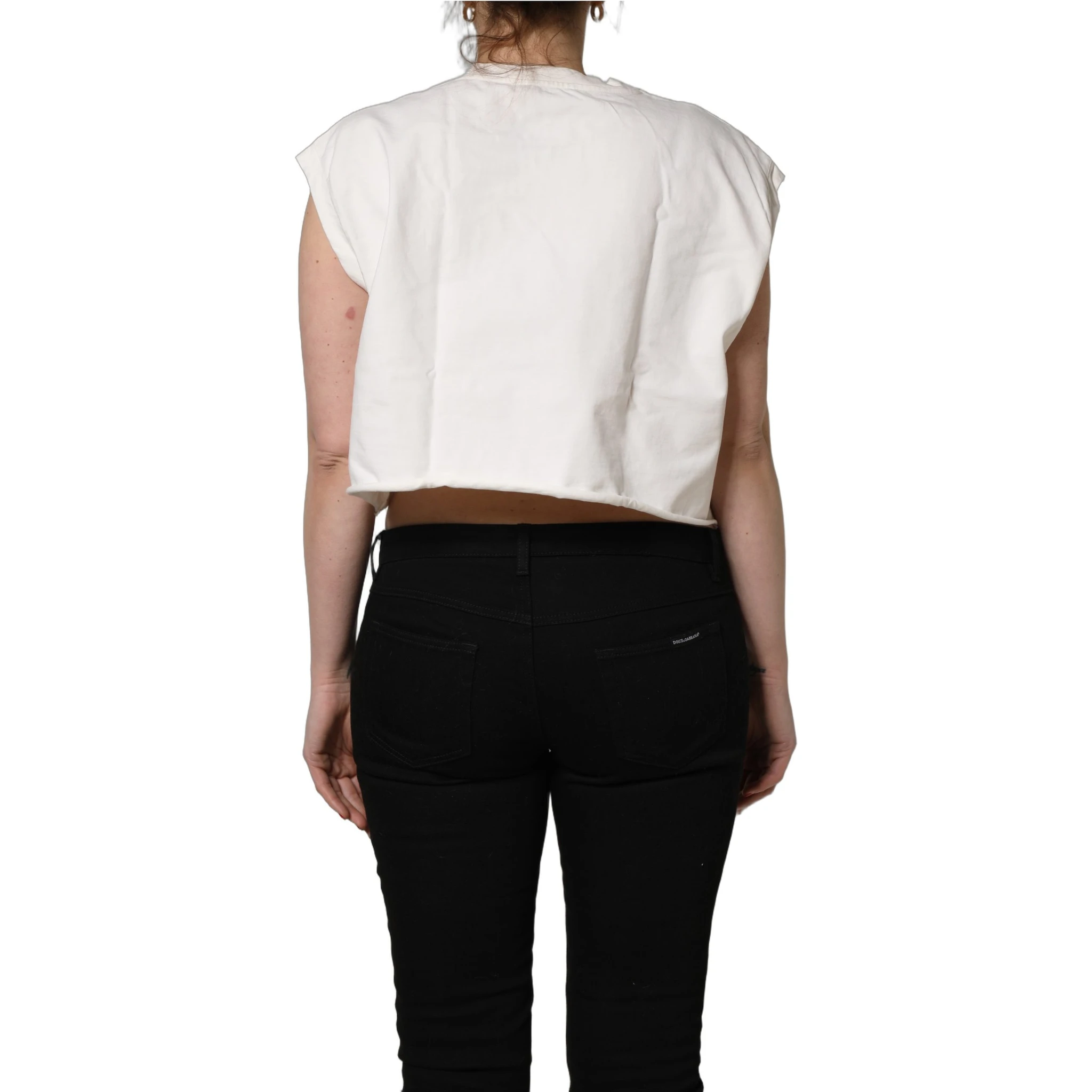 White Cotton DG Logo Print Cropped Jersey Top