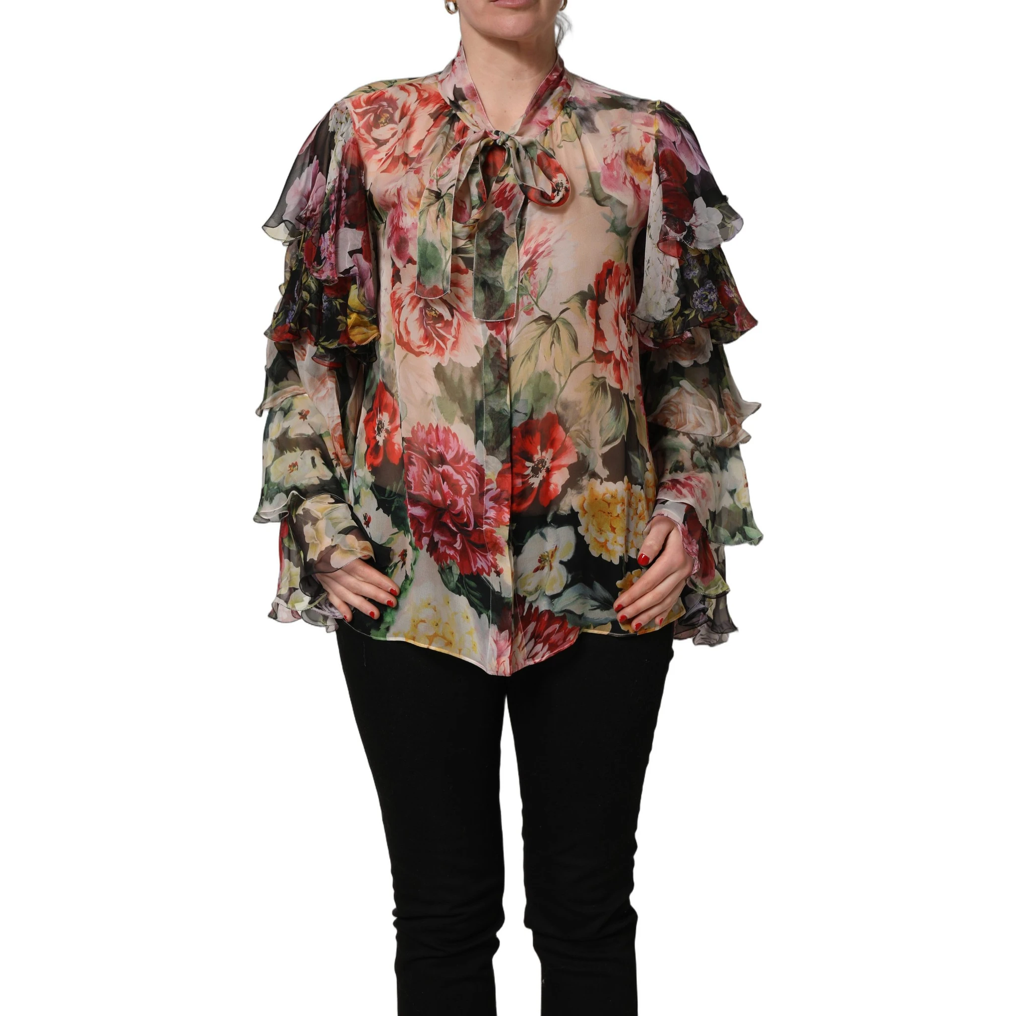 Multicolor Floral Tie-Neck Silk Chiffon Blouse Top