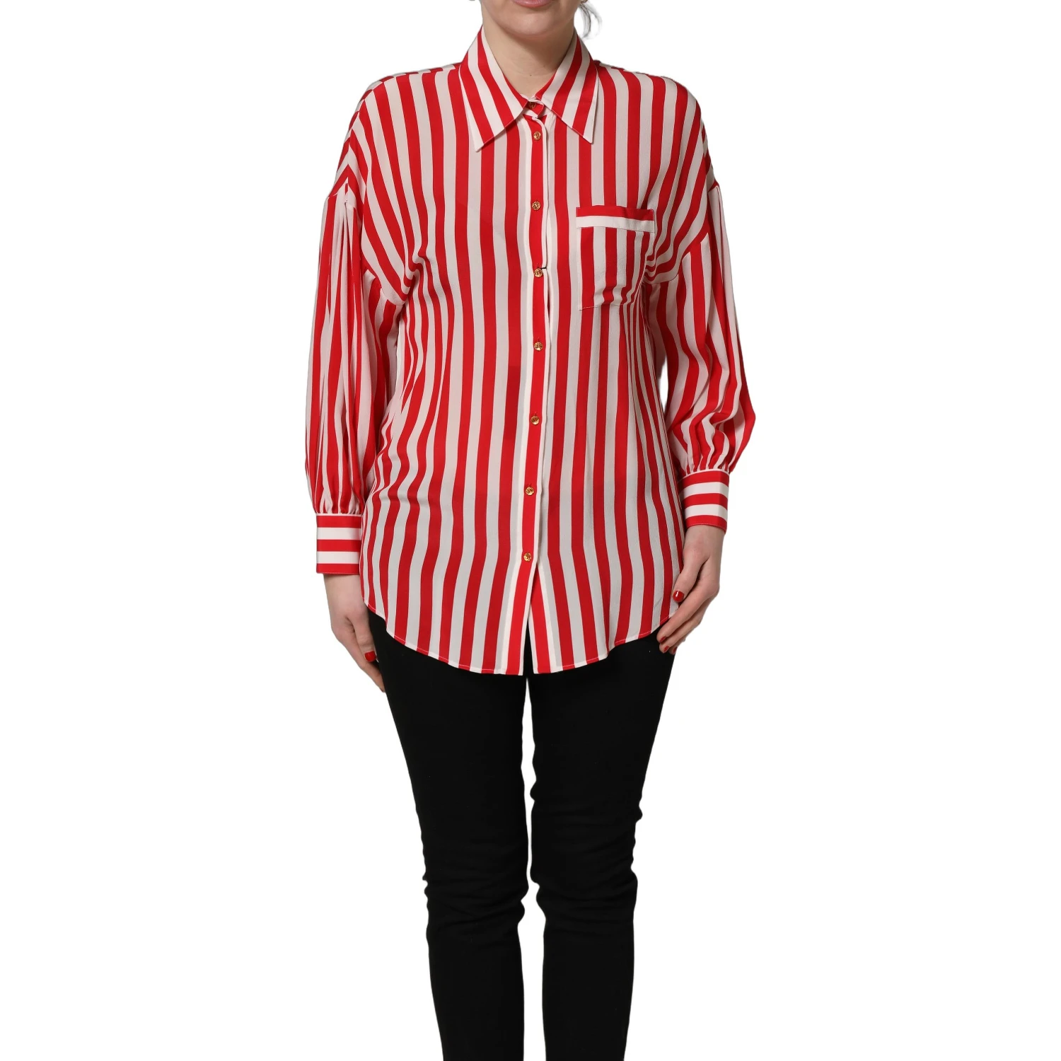 Red White Striped Long Sleeve Silk Blouse Top
