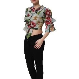 Multicolor Floral Silk Cropped Shirt Top