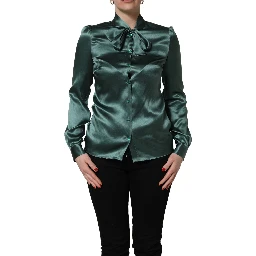 Dark Green Silk Satin Blouse Neck Tie Top