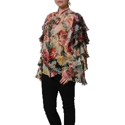 Multicolor Floral Tie-Neck Silk Chiffon Blouse Top
