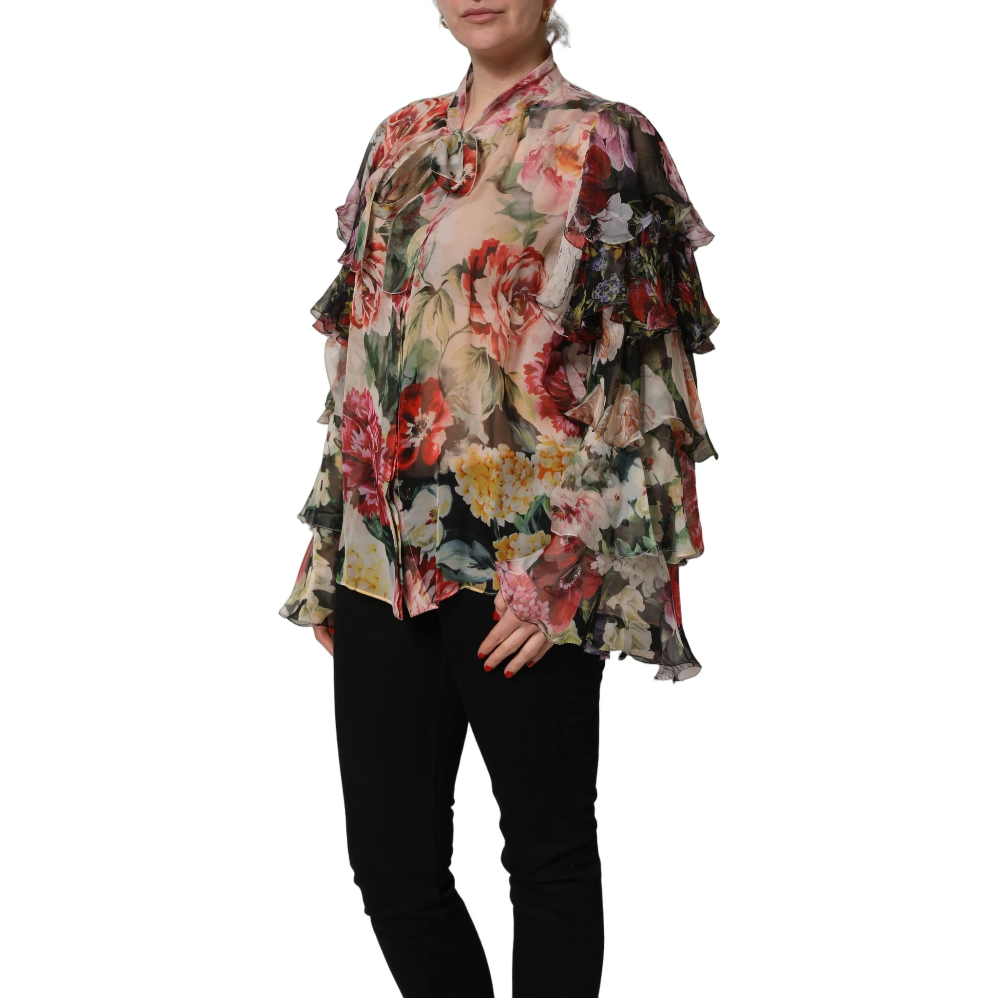 Multicolor Floral Tie-Neck Silk Chiffon Blouse Top