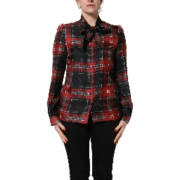 Red Black Plaid Silk Tie-Neck Blouse Top