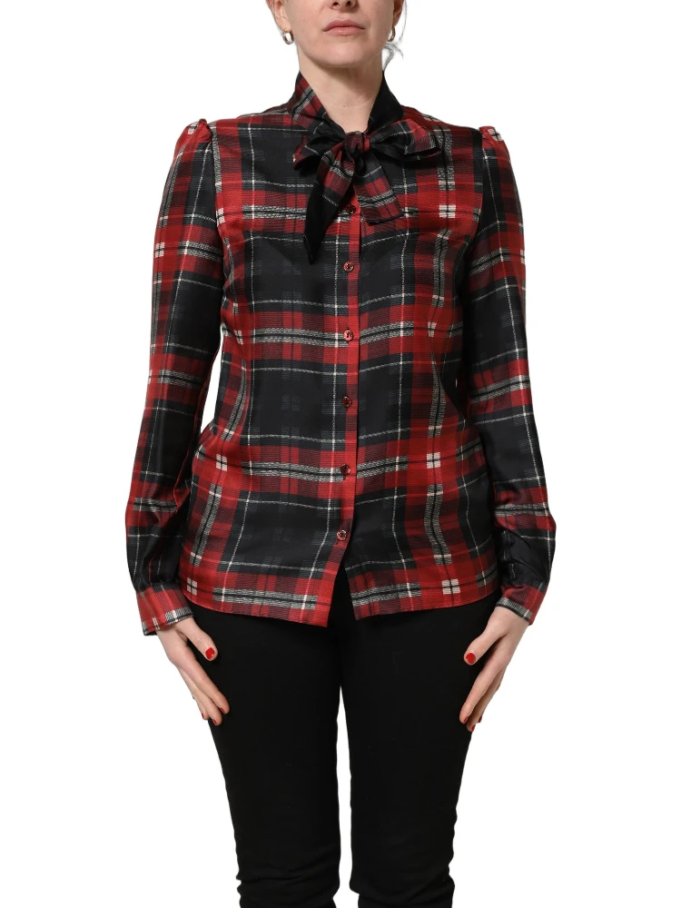 Red Black Plaid Silk Tie-Neck Blouse Top