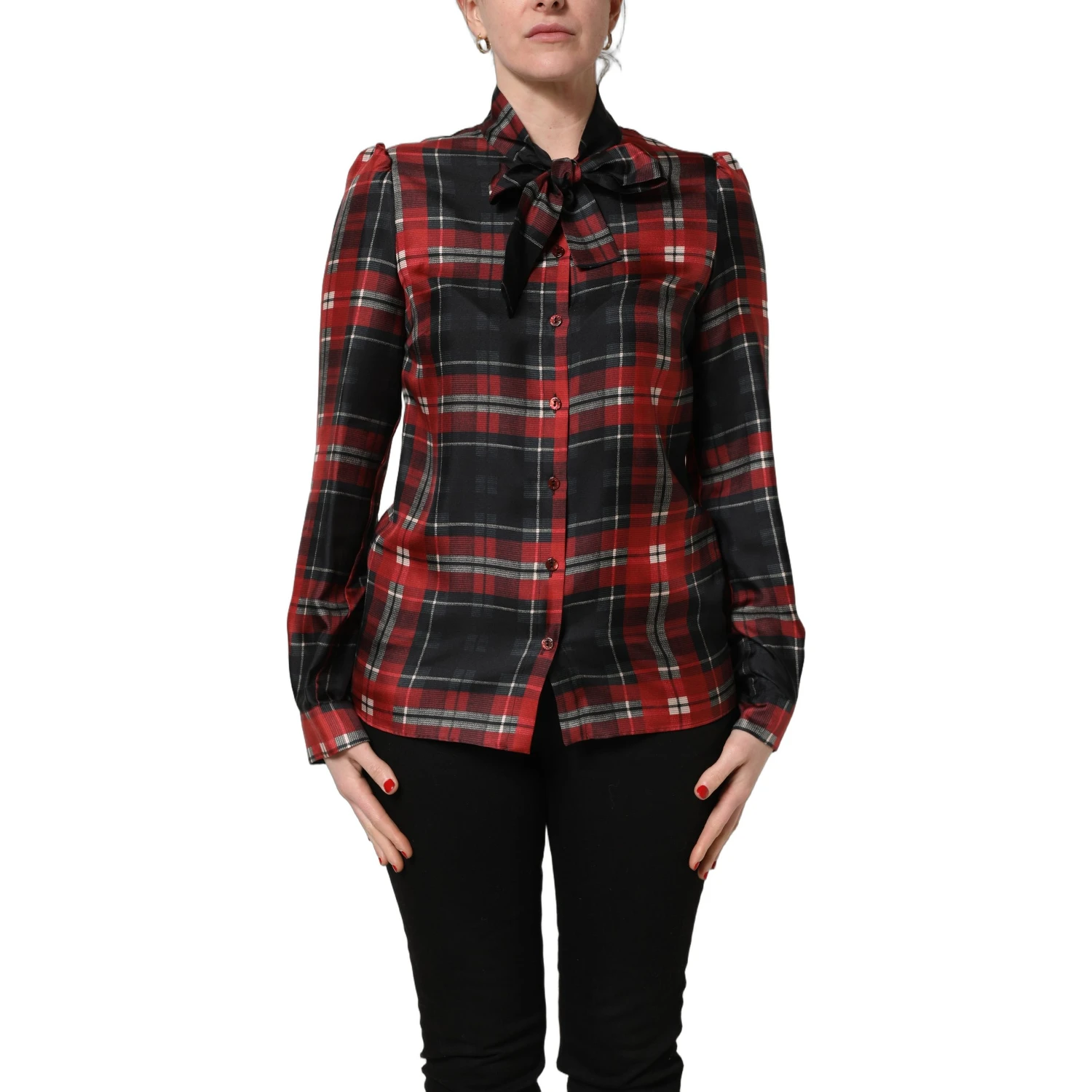 Red Black Plaid Silk Tie-Neck Blouse Top