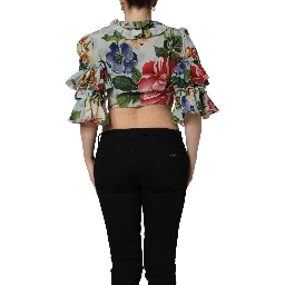 Multicolor Floral Silk Cropped Shirt Top