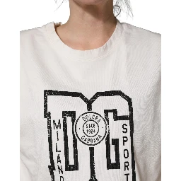 White Cotton DG Logo Print Cropped Jersey Top